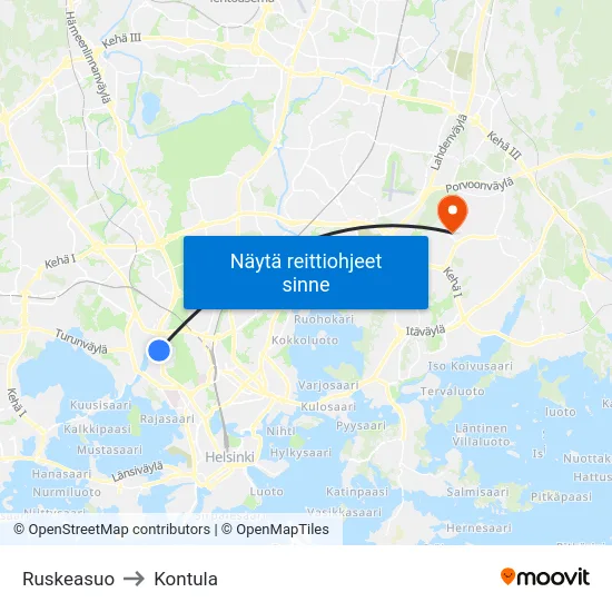 Ruskeasuo to Kontula map