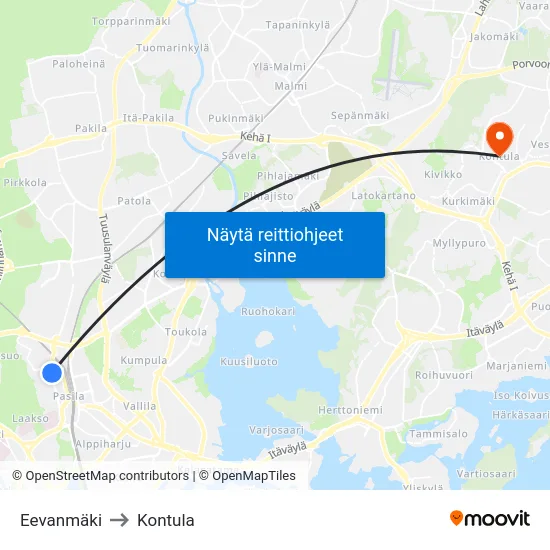 Eevanmäki to Kontula map