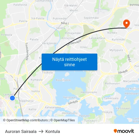 Auroran Sairaala to Kontula map