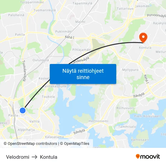 Velodromi to Kontula map