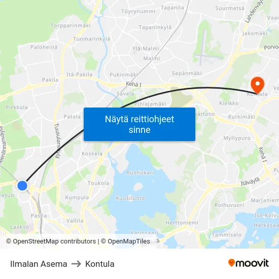Ilmalan Asema to Kontula map