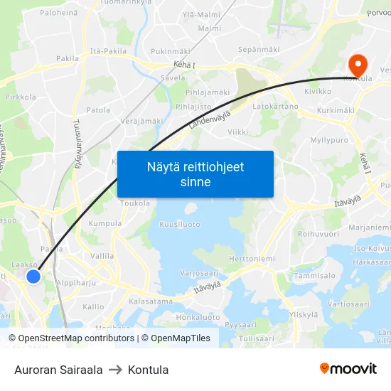 Auroran Sairaala to Kontula map
