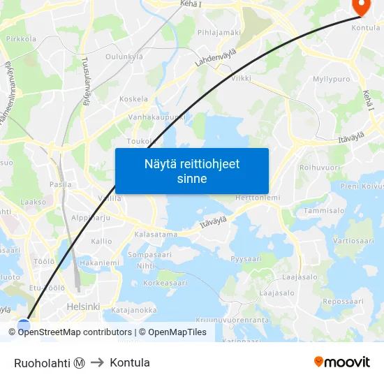 Ruoholahti Ⓜ️ to Kontula map