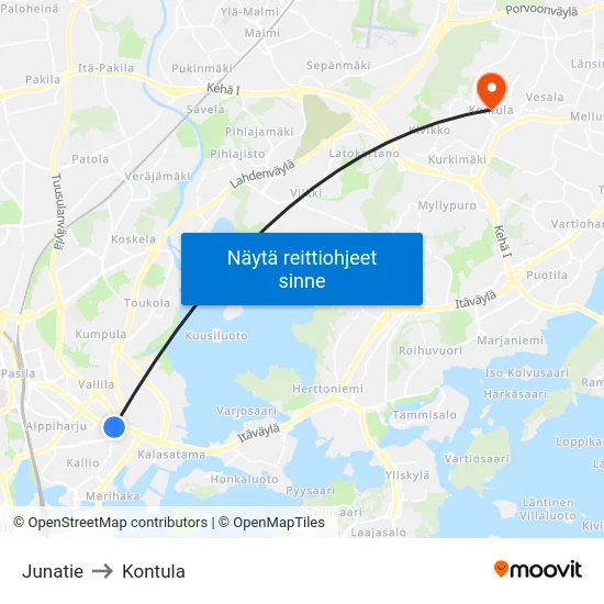 Junatie to Kontula map