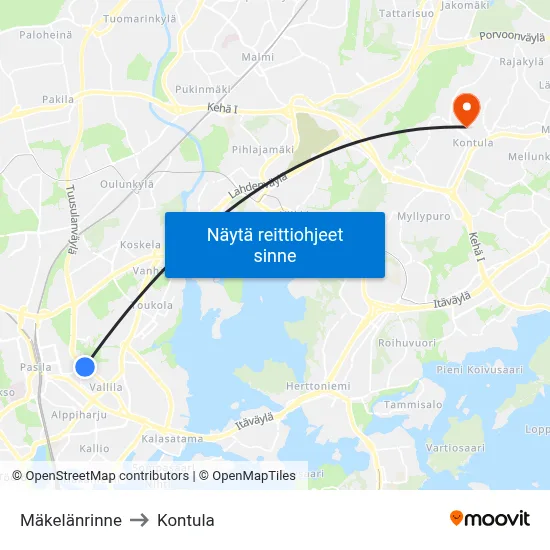 Mäkelänrinne to Kontula map