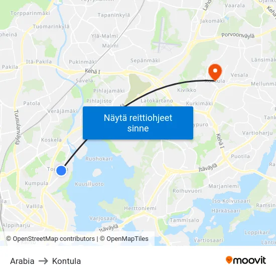 Arabia to Kontula map