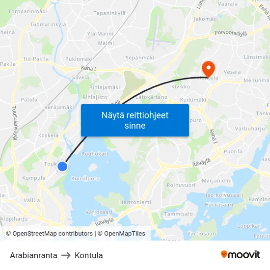 Arabianranta to Kontula map