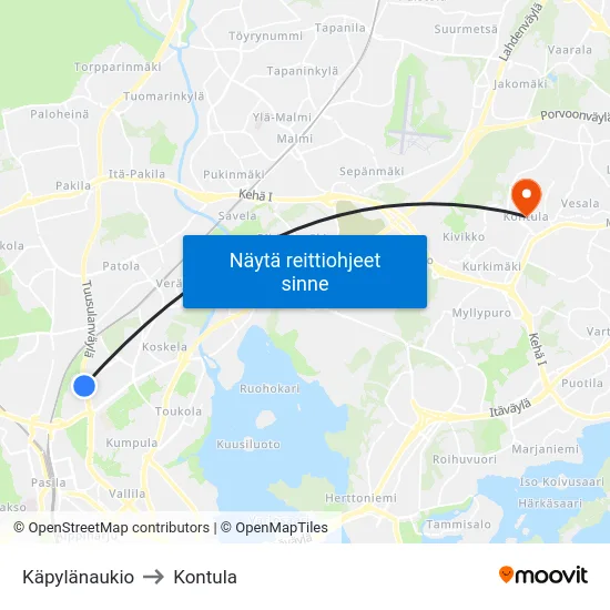 Käpylänaukio to Kontula map