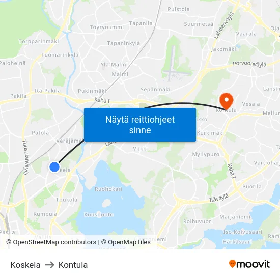 Koskela to Kontula map