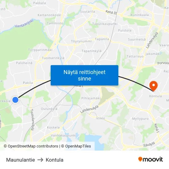 Maunulantie to Kontula map