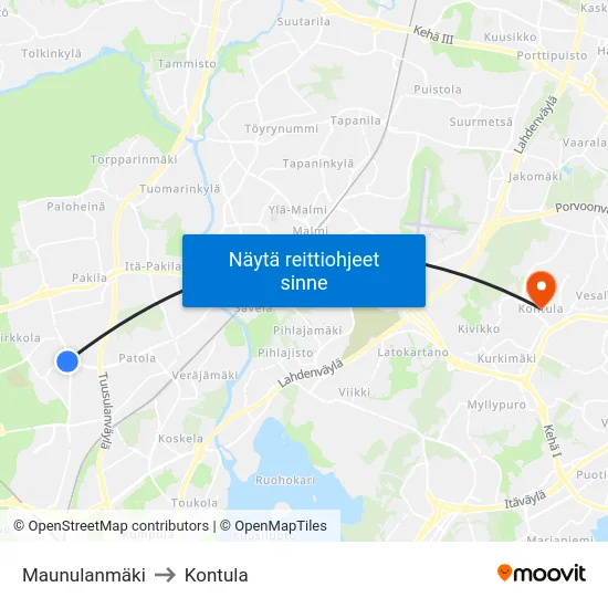 Maunulanmäki to Kontula map