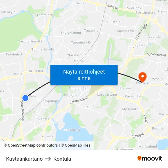 Kustaankartano to Kontula map