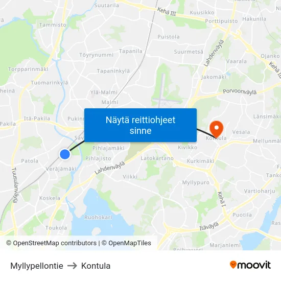 Myllypellontie to Kontula map