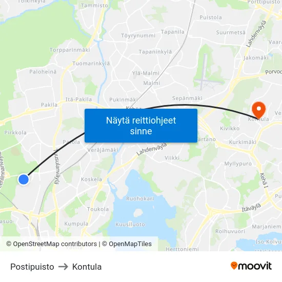 Postipuisto to Kontula map