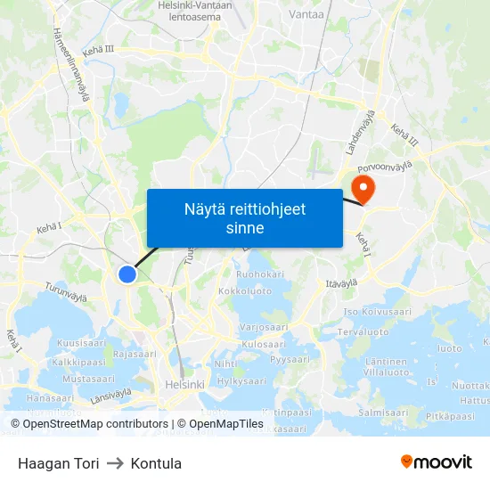 Haagan Tori to Kontula map