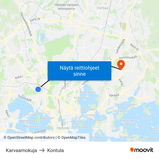 Karvaamokuja to Kontula map