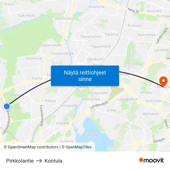 Pirkkolantie to Kontula map