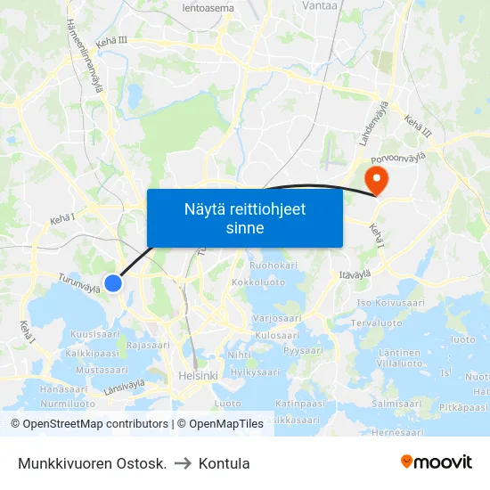 Munkkivuoren Ostosk. to Kontula map