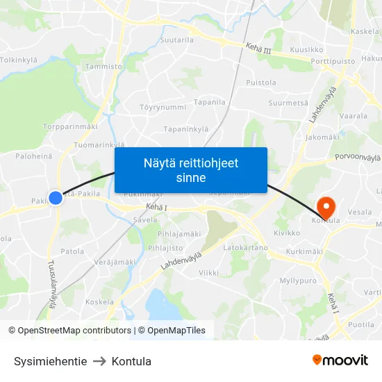 Sysimiehentie to Kontula map