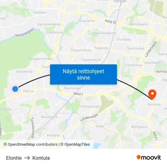 Elontie to Kontula map