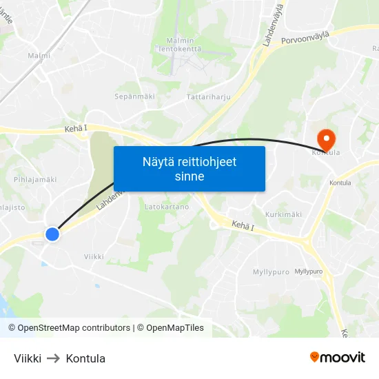 Viikki to Kontula map