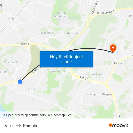 Viikki to Kontula map