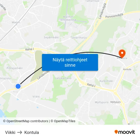 Viikki to Kontula map