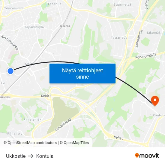 Ukkostie to Kontula map