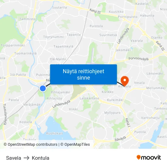 Savela to Kontula map