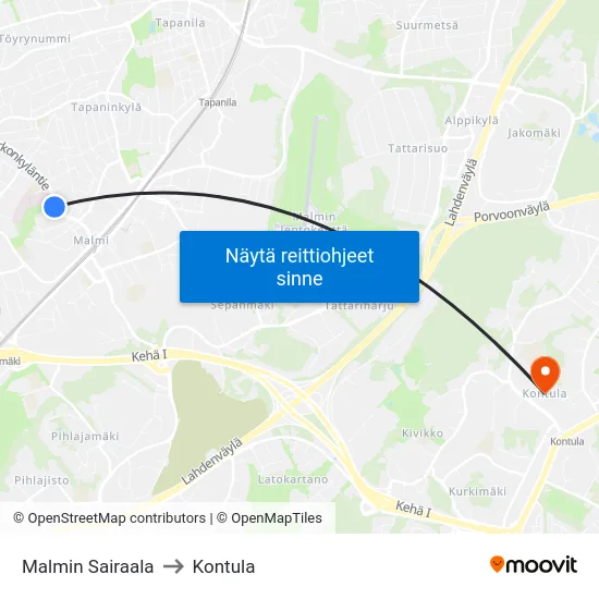 Malmin Sairaala to Kontula map