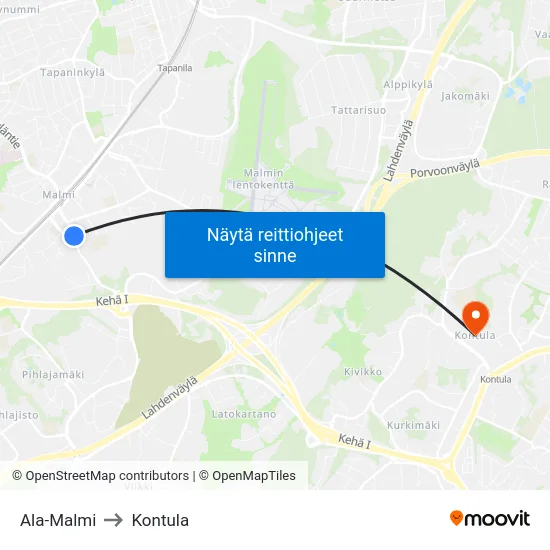 Ala-Malmi to Kontula map