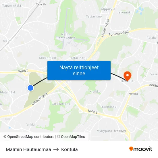 Malmin Hautausmaa to Kontula map
