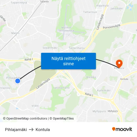 Pihlajamäki to Kontula map