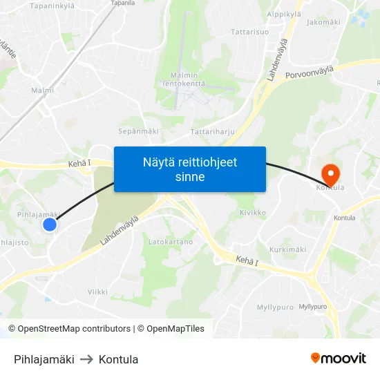 Pihlajamäki to Kontula map