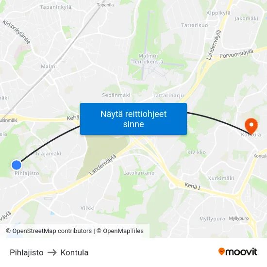 Pihlajisto to Kontula map