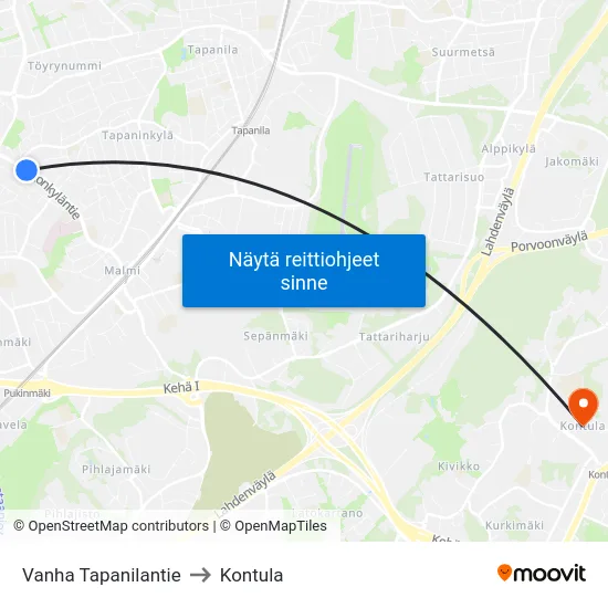 Vanha Tapanilantie to Kontula map