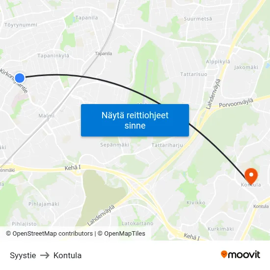 Syystie to Kontula map