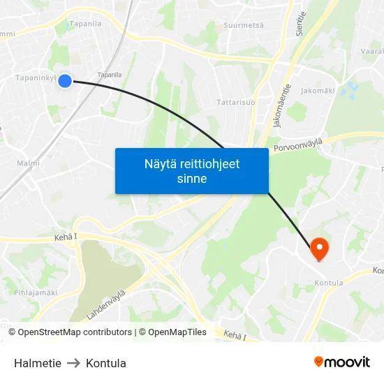 Halmetie to Kontula map