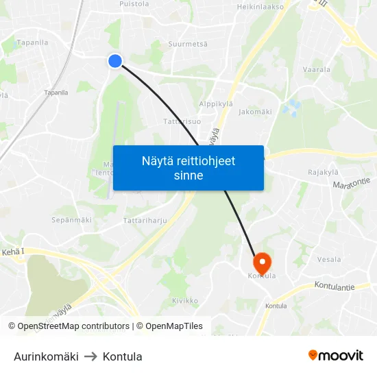 Aurinkomäki to Kontula map