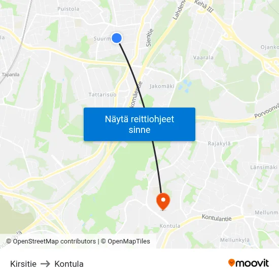 Kirsitie to Kontula map