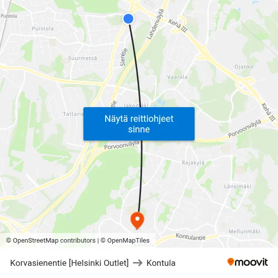 Korvasienentie [Helsinki Outlet] to Kontula map