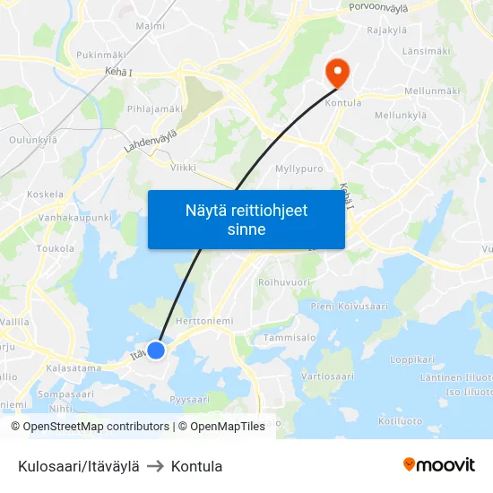 Kulosaari/Itäväylä to Kontula map