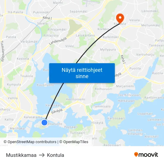 Mustikkamaa to Kontula map