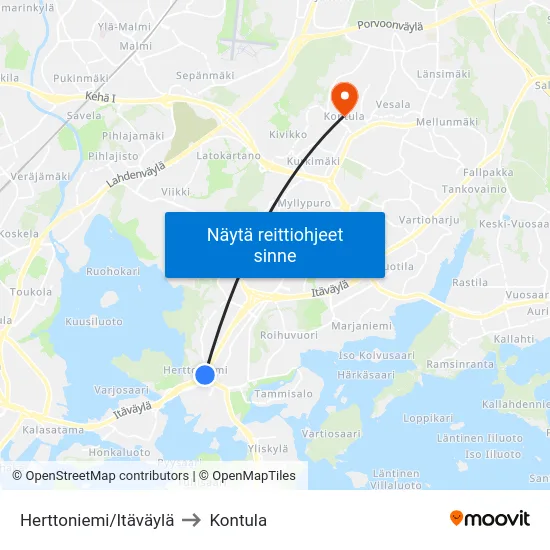 Herttoniemi/Itäväylä to Kontula map