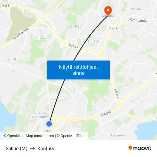 Siilitie (M) to Kontula map