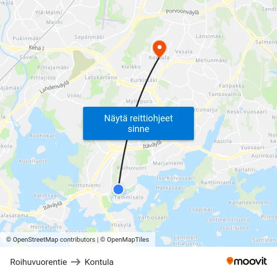 Roihuvuorentie to Kontula map
