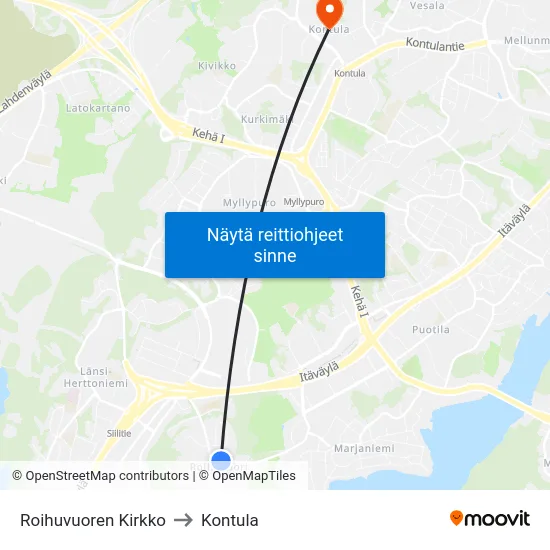 Roihuvuoren Kirkko to Kontula map