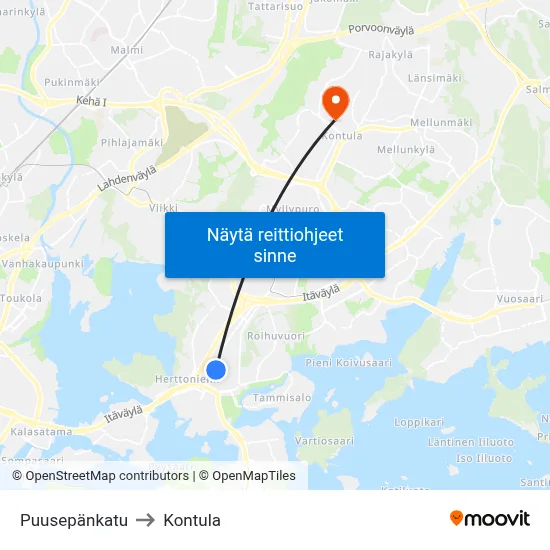 Puusepänkatu to Kontula map