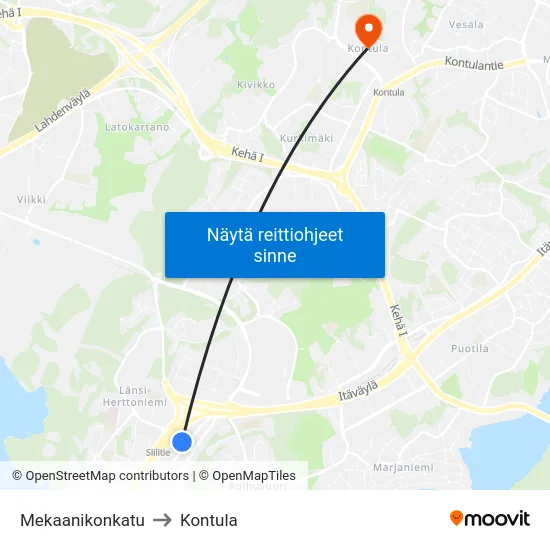 Mekaanikonkatu to Kontula map