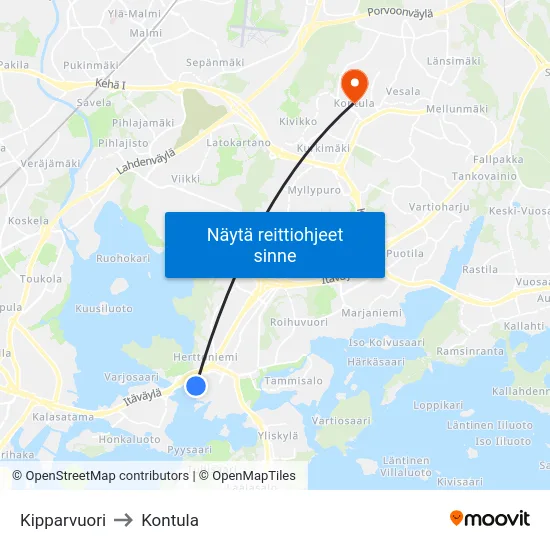 Kipparvuori to Kontula map